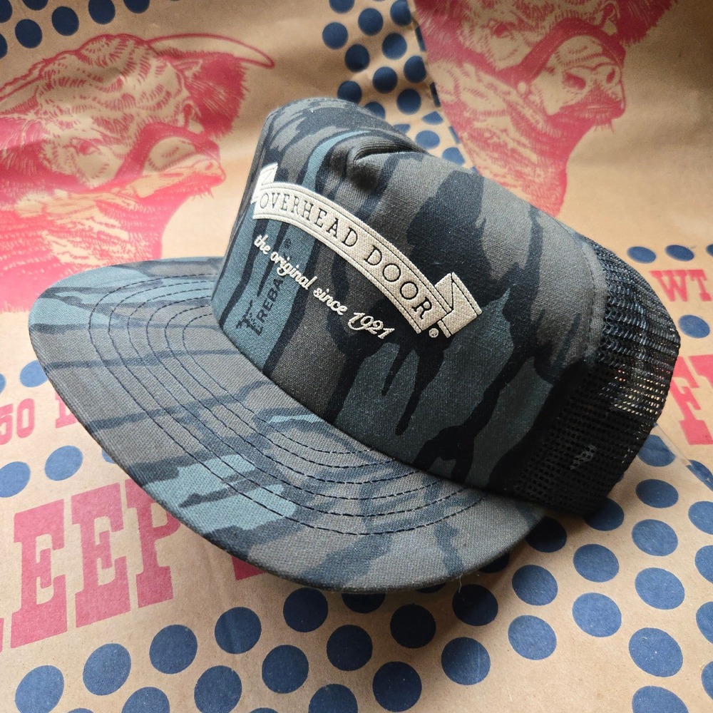 VTG Tiger Stripe Overhead Door Hat Camo Snapback Trucker 80s Cap America USA EUC
